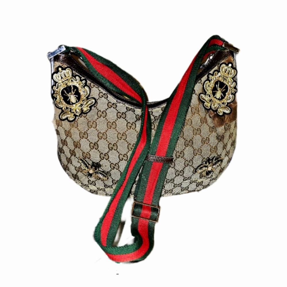 Auth. GUCCI Iconic Sherry Line GG Web Canvas Shoulder Bag W/Bee Applique